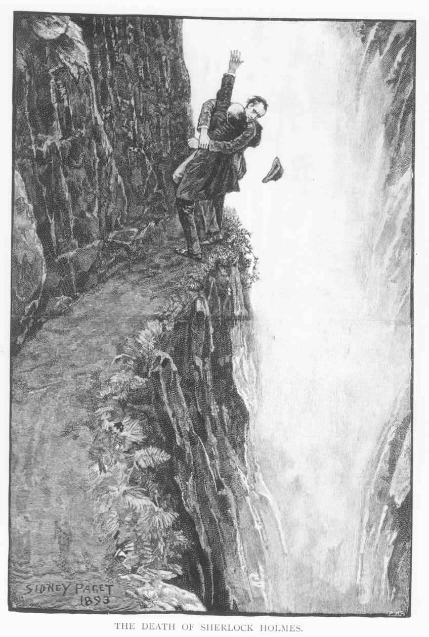 "وفاة شرلوك هولمز" ، رسم توضيحي لـ "المشكلة الأخيرة" بقلم آرثر كونان دويل (1859-1930) ، نُشر في "مجلة ستراند" ، ديسمبر 1893 بواسطة سيدني باجيت