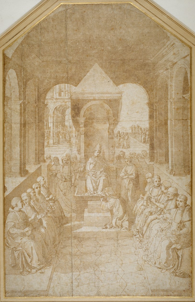 Aeneas Piccolomini kissing the slipper of Pope Eugenius, after Pinturicchio (pen & brown ink with wash on paper) بواسطة مدرسة Sienese