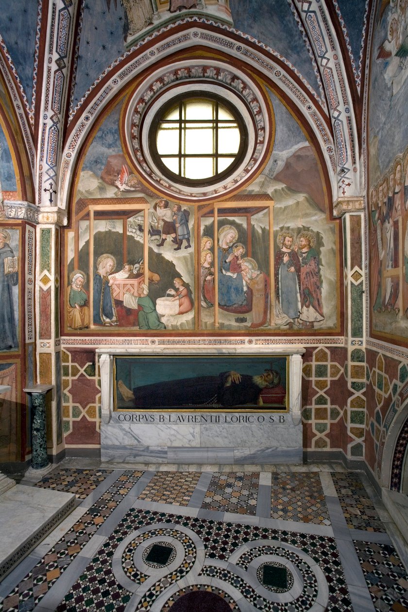 ميلاد وعشق مدرسة Magi Fresco في سيينا. القرن الرابع عشر. مصلى العذراء. دير القديس بينيديتو (ساكرو سبيكو) ، سوبياكو (روما) ، إيطاليا بواسطة مدرسة Sienese