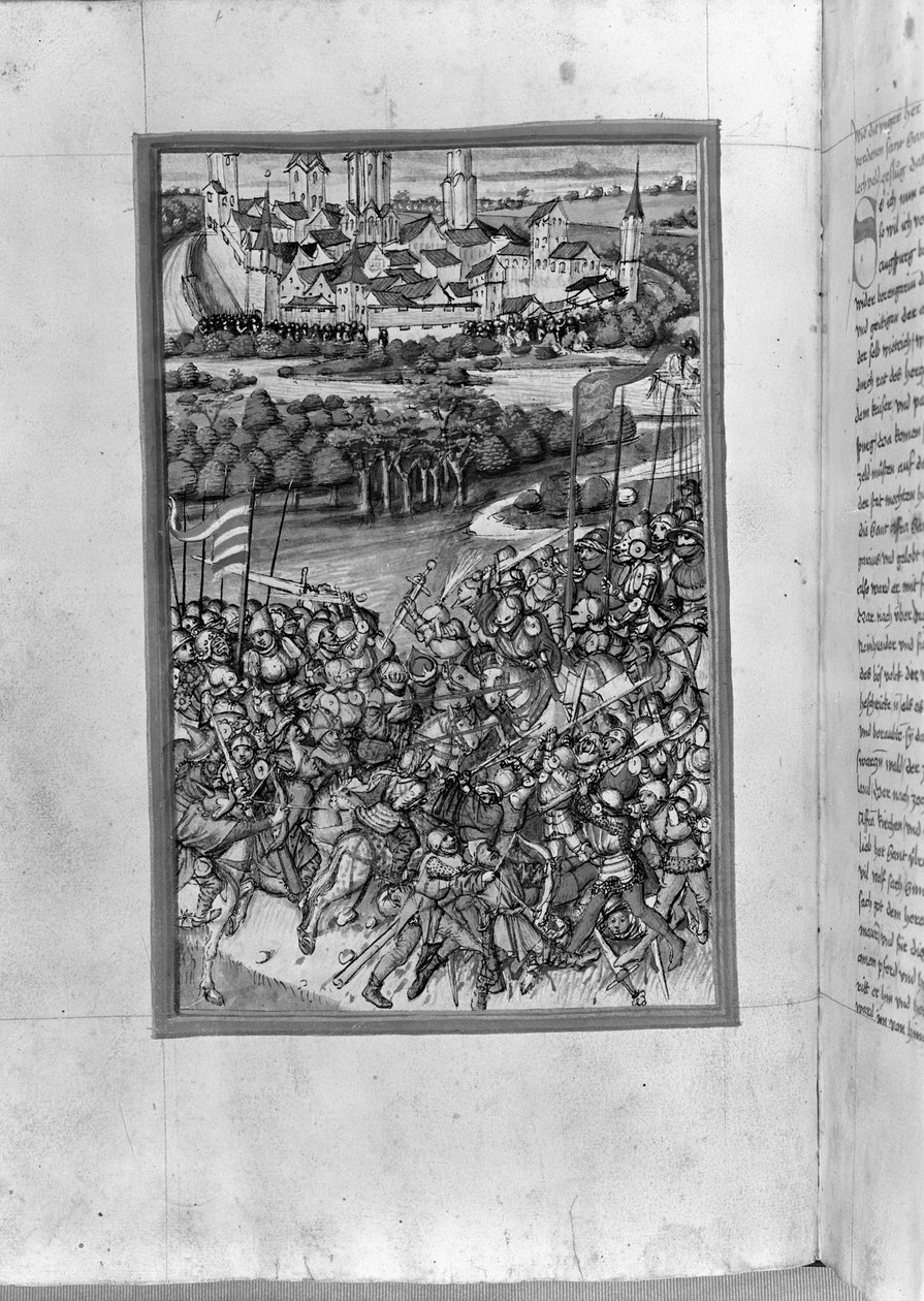 HB V 52 فل. 70v رسم توضيحي لمعركة ليشفيلد ، من اوغسبورغ كرونيكل ، 1457 بواسطة Sigismund Meisterlin