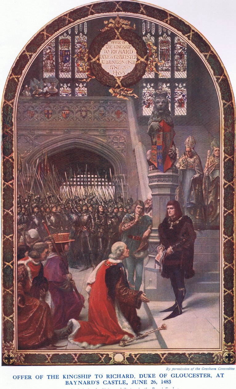 عرض الملكية لريتشارد دوق من غلوستر في قلعة بايناردز ، 26 يونيو 1483 ، من Cassells History of the British People التي نشرتها شركة Waverley Book Company Limited ، c.1940 بواسطة سيغيسموند كريستيان هوبير جويتز