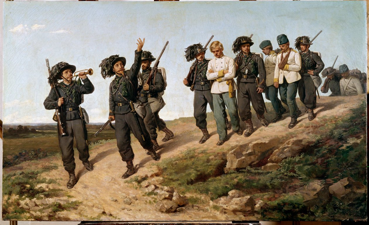 حلقة من الحملة الإيطالية في عام 1859: "" أسرى الحرب النمساويون محاطون ببيرساجليرس (bersaglieri) "لوحة لسيلفسترو ليجا (1826-1895) 1861 صن. 57.5 × 95 سم فلورنسا ، جاليريا دارت موديرنا بواسطة سيلفسترو ليجا