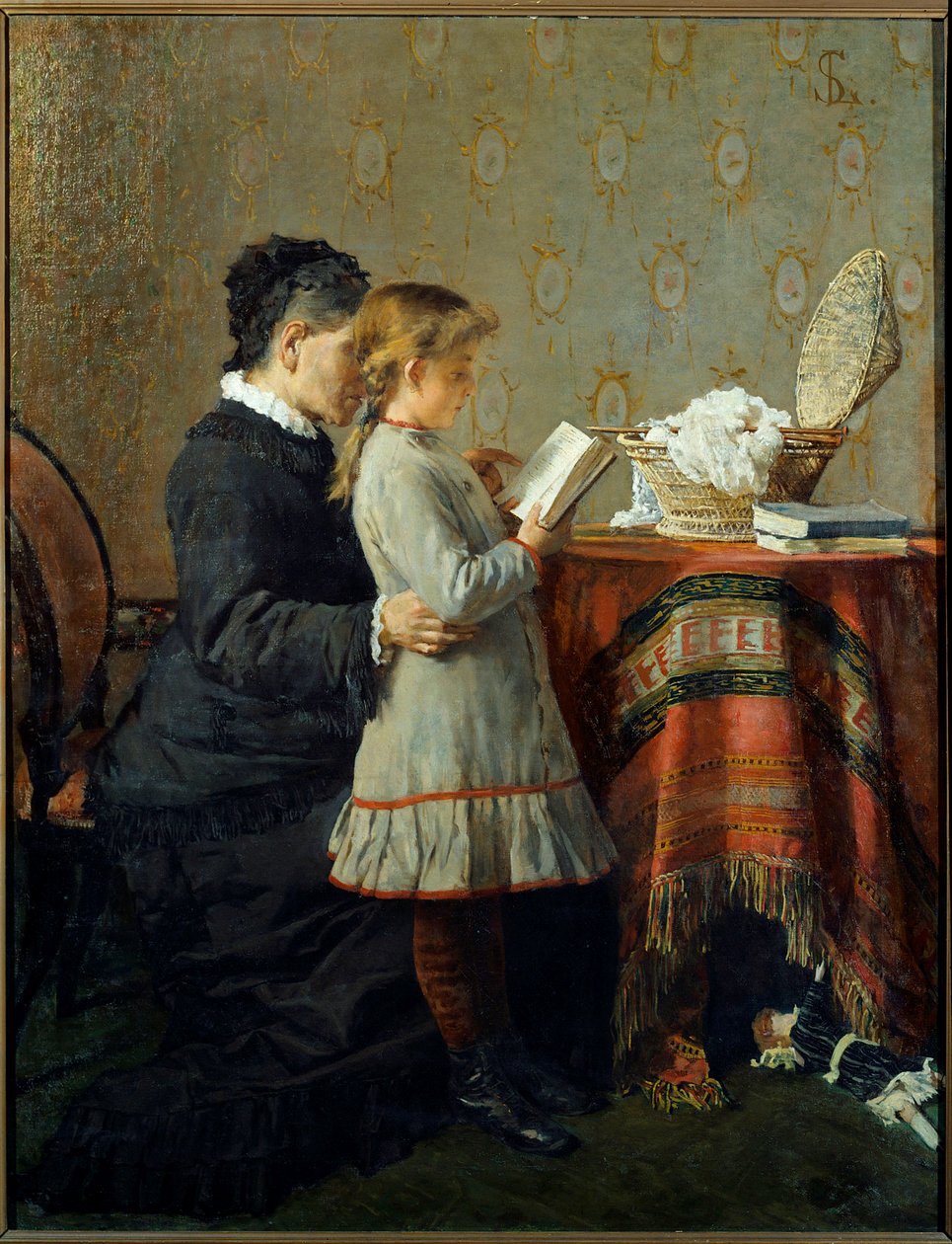 درس القراءة. ممرضة تتعلم قراءة فتاة صغيرة. رسم لسيلفسترو ليجا (1826-1895) Ec. إيتال بواسطة سيلفسترو ليجا