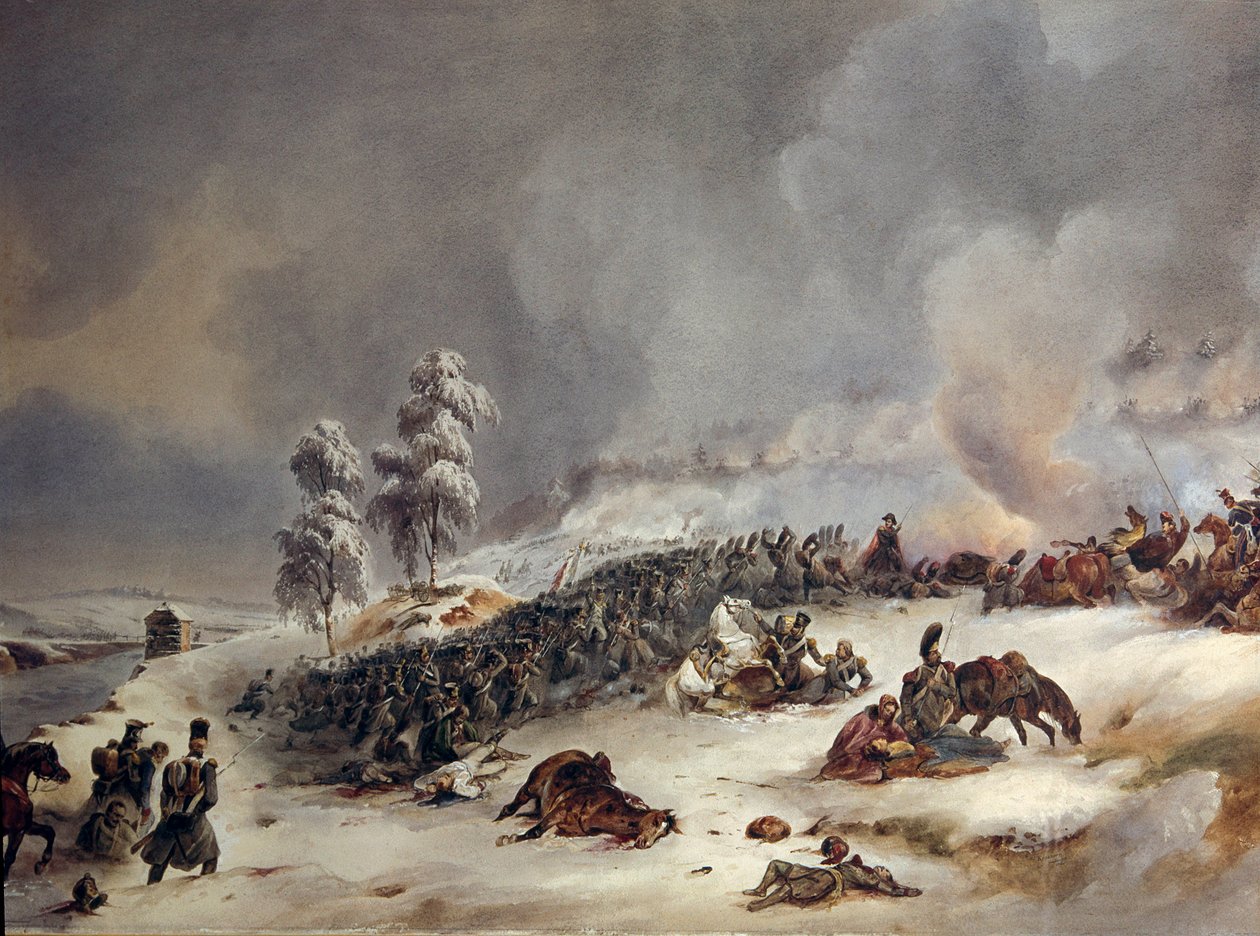 تقاعد من روسيا عام 1812: "" فرقة ريكارد في معركة كراسنوي في 18/11/1812 ، 9 صباحًا "لوحة بالألوان المائية لقلعة سيميون (1793-1861) صن. 0،6x0،99 م. بواسطة قلعة سمعان