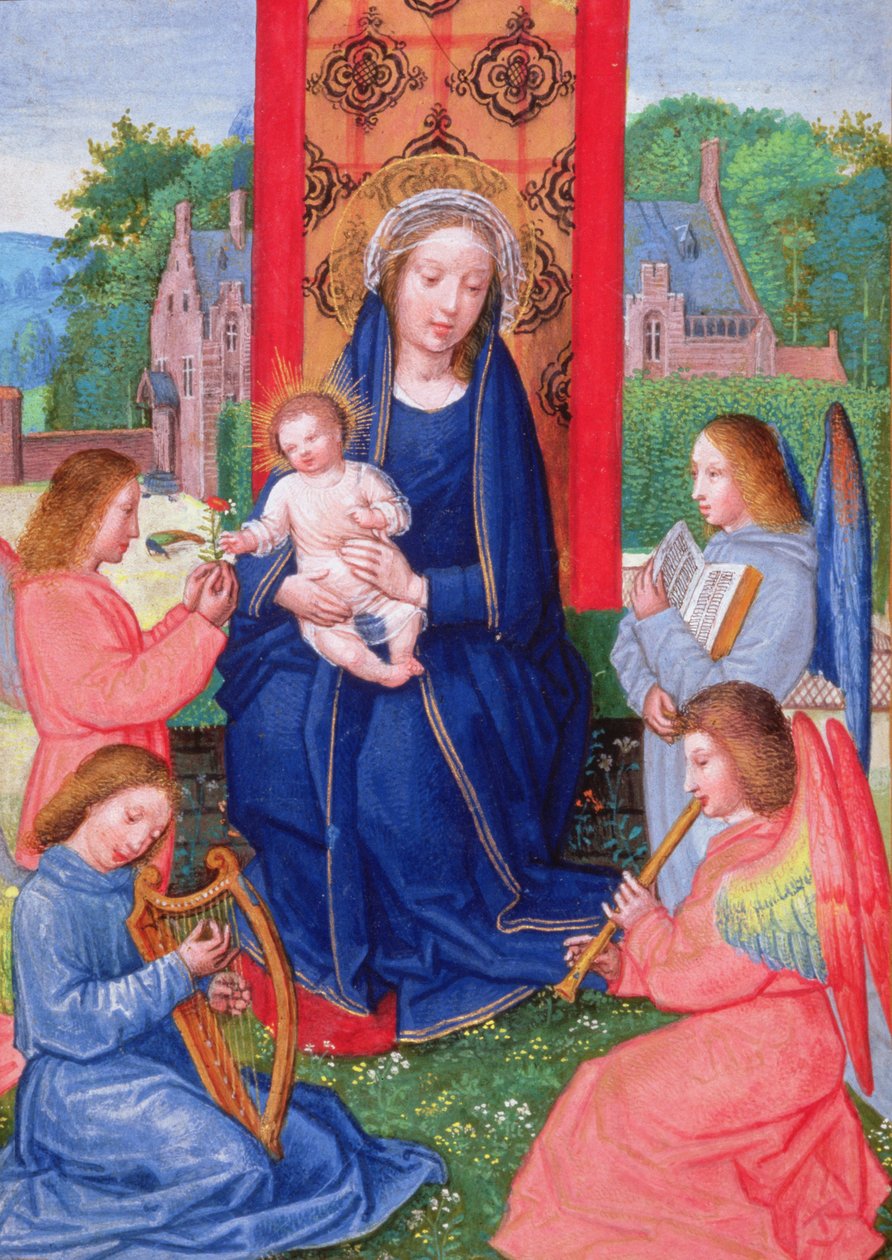 مثال: 2125 f.157v مادونا والطفل مع ملائكة يعزفون على الآلات ، من ساعات جوانا من Ghistelles ، حوالي 1516 (ورق) بواسطة Simon (Attr. to) Bening