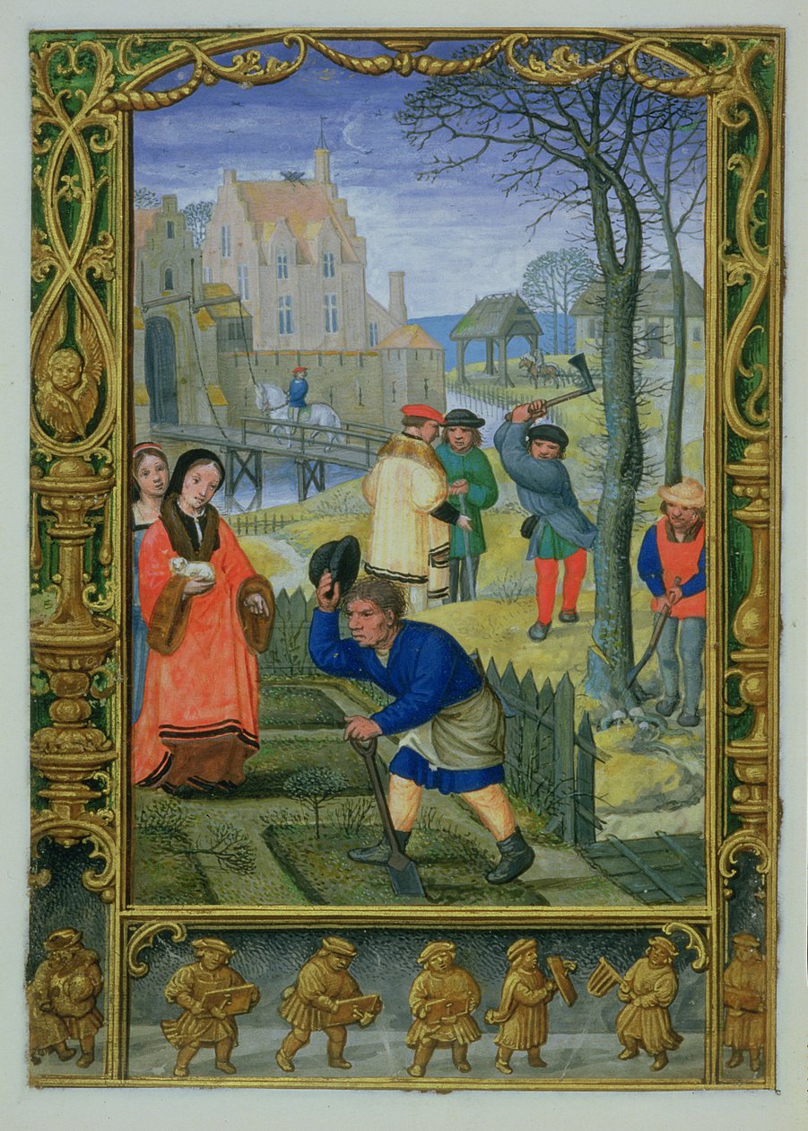 أضف 24098 f.20v March: البستنة وقطع الأشجار ، من كتاب الصلوات أو كتاب الجولف ، حوالي 1520-30 (ورق) بواسطة سيمون (ورشة عمل) بينينغ