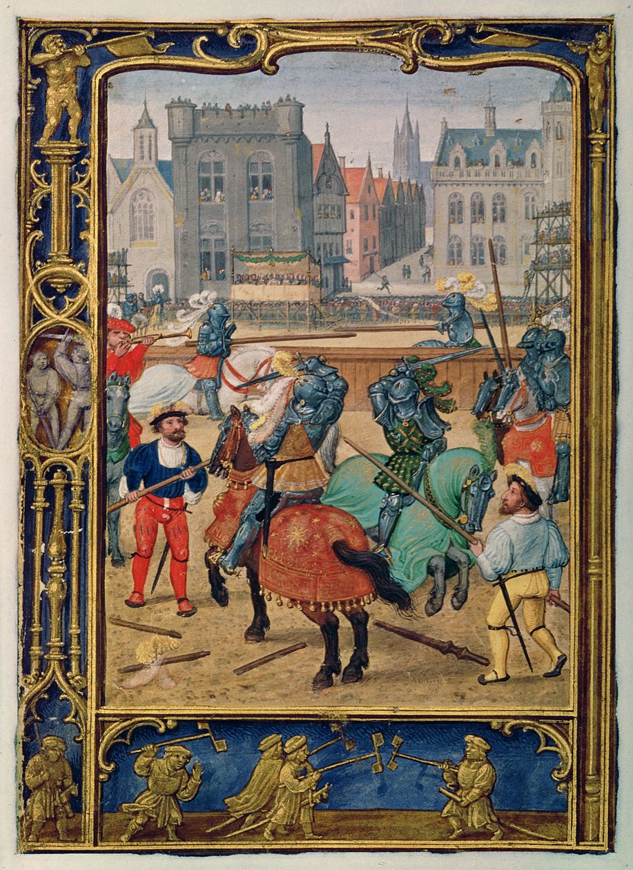 أضف 24098 f.23v June: مبارزة ولعبة مع خيول هواية ، من كتاب الساعات ، أو كتاب الجولف ، حوالي 1520-30 (ورق) بواسطة سيمون (ورشة عمل) بينينغ