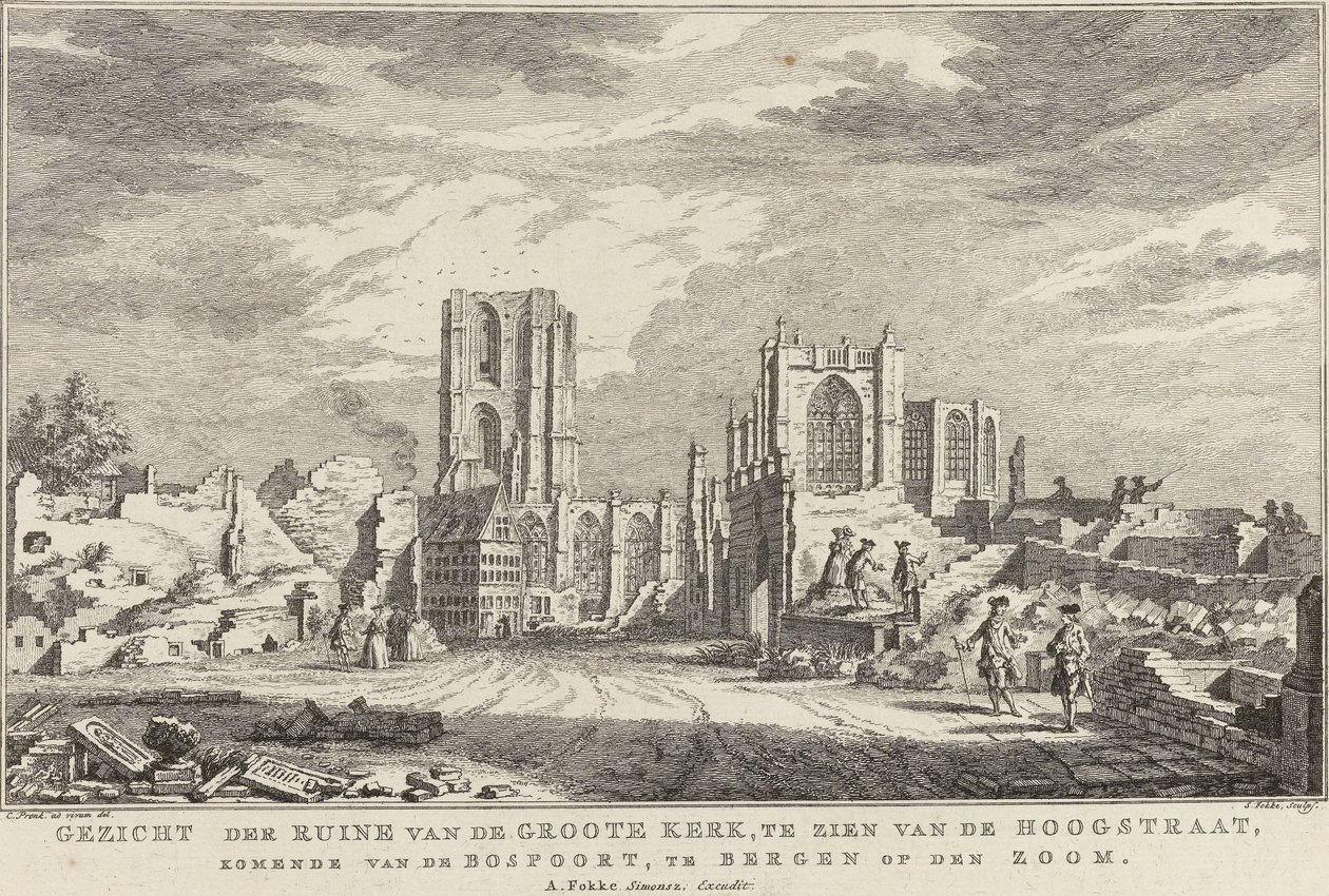 خراب كنيسة بيرغن الكبرى ، أوب زوم ، 1748 منظر لأطلال Groote Kerk ، التي يمكن رؤيتها من Hoogstraat ، القادمة من Bospoort ، في Bergen op den Zoom (العنوان على الكائن) عشرة مناظر للآثار بعد حصار وتدمير بيرغن المرجع Z بواسطة سيمون فوكي