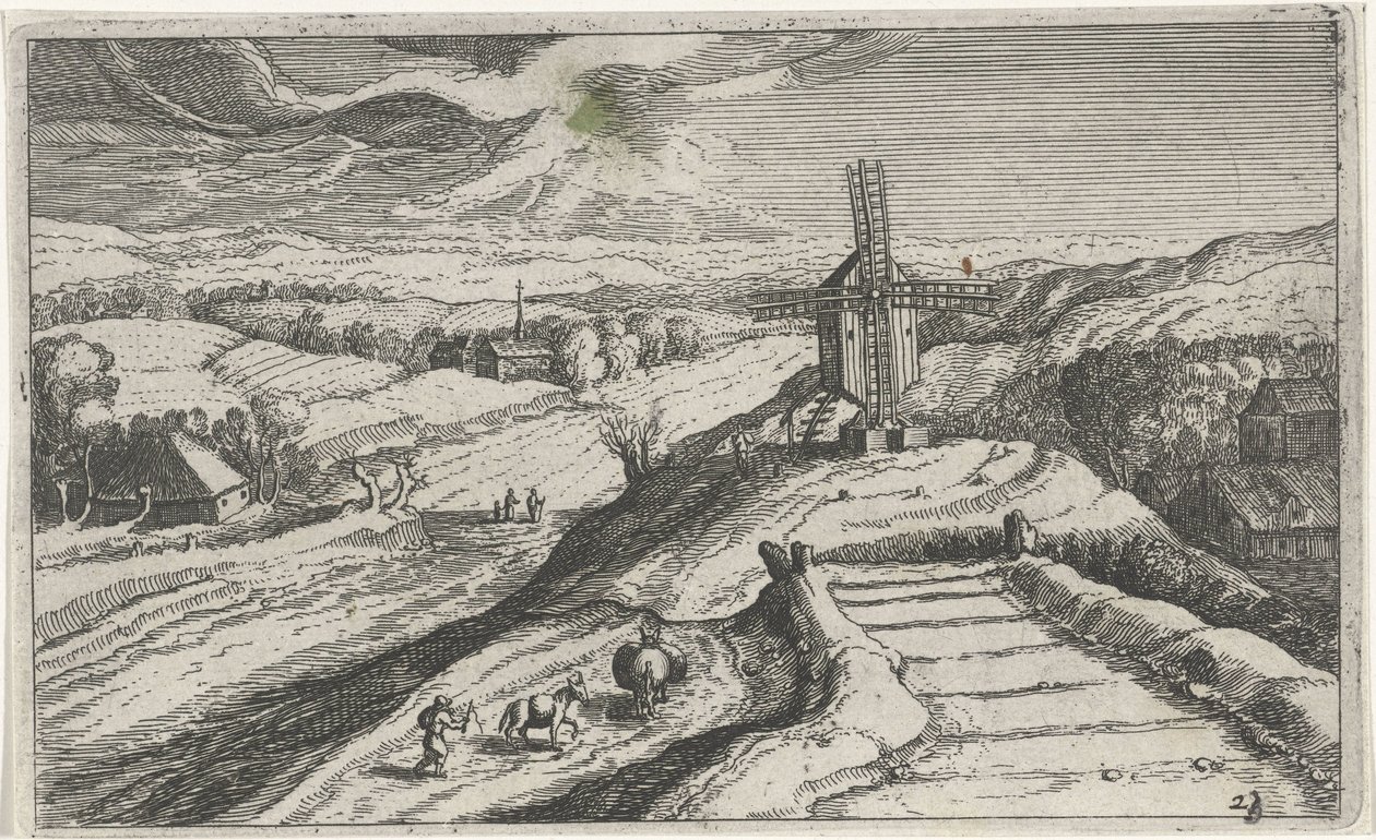 منظر التلال مع طاحونة هوائية مناظر طبيعية مختلفة (عنوان السلسلة) Topographia vararum regionum (عنوان السلسلة) بواسطة سيمون فريسيوس (منسوب إلى)