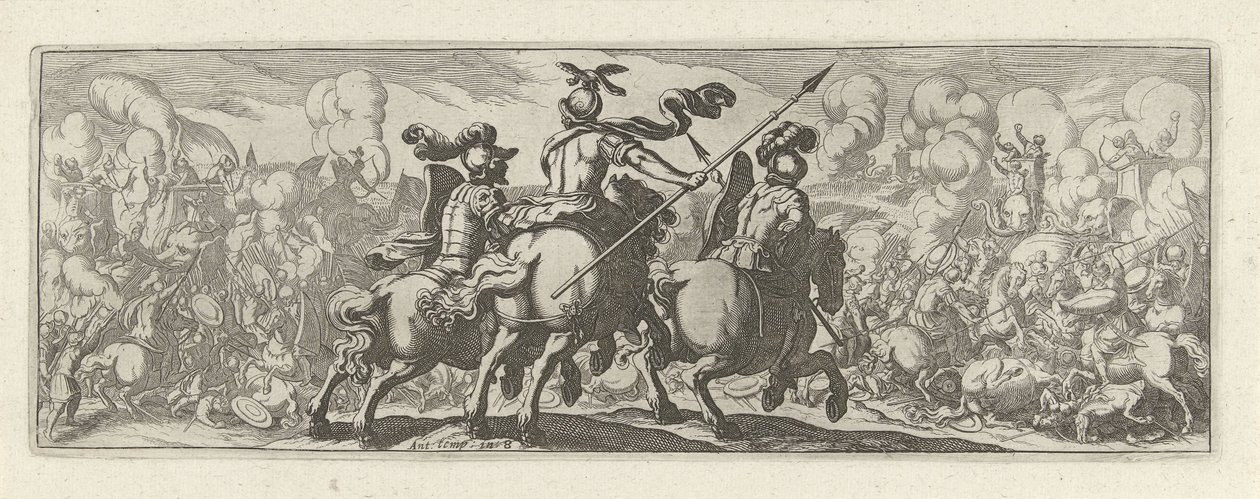 Drie Cavaleristen bij een veldslag مع أوليفانتن الفرسان (عنوان المسلسل) Faecvnda ما هو محبوب Phaebus و Florentia الممتن للرجال ذوي العبقرية الشديدة ، ما يكفي من pvgnas ، حماسة بقوة الصدور التي نحت Mercury العميل المخضرم (عنوان السلسلة) بواسطة سيمون فريسيوس