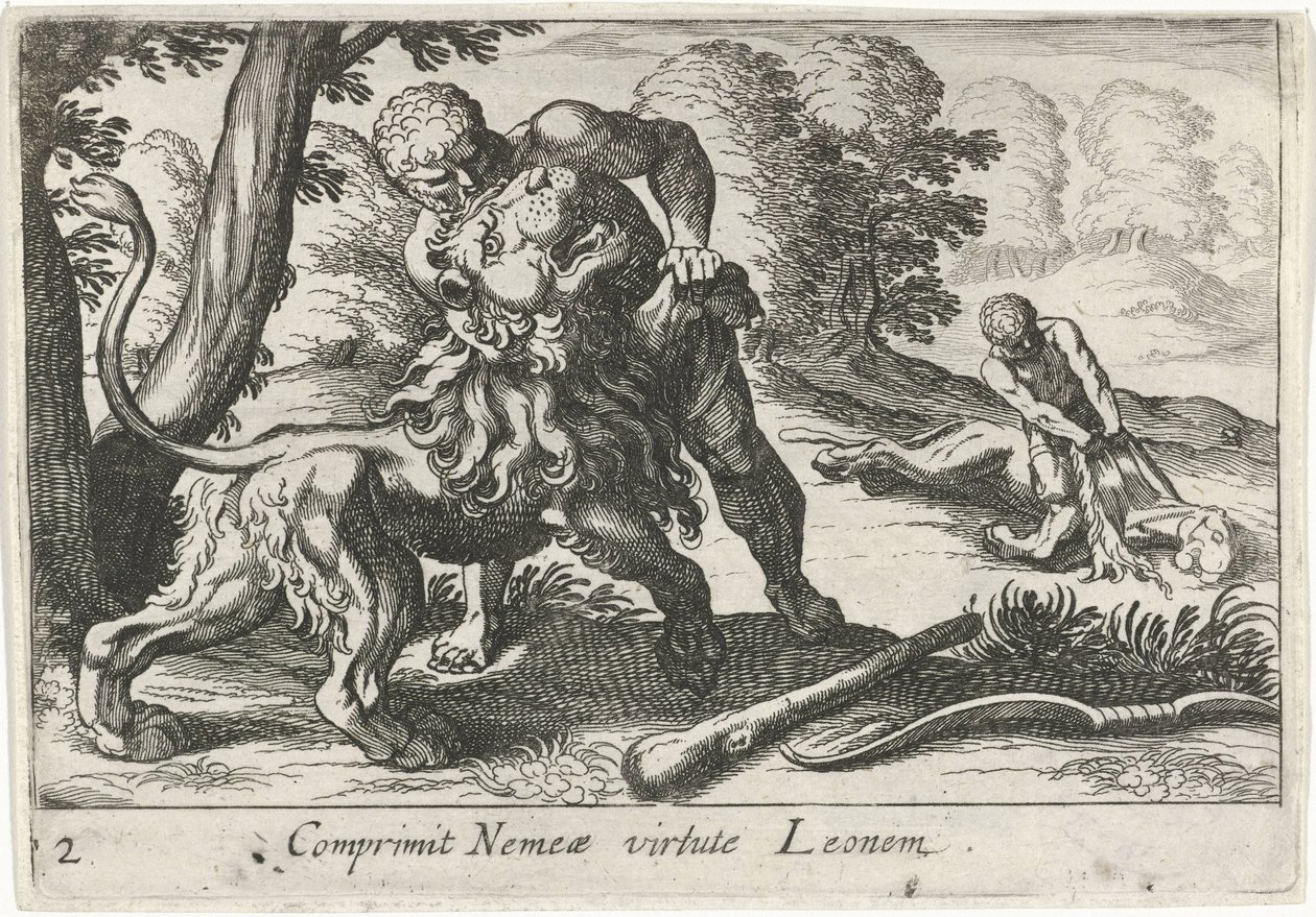 هرقل يقاتل الأسد النيمي تسوية فضيلة Nemeae Leonem (العنوان على الكائن) ثيمات هرقل (عنوان المسلسل) بواسطة سيمون فريسيوس
