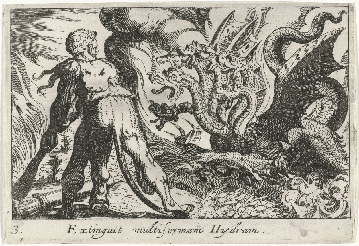 هرقل يقاتل هيدرا Lernaean Extinguit multiforms Hydram (العنوان على الكائن) ثيمات هرقل (عنوان المسلسل) بواسطة سيمون فريسيوس