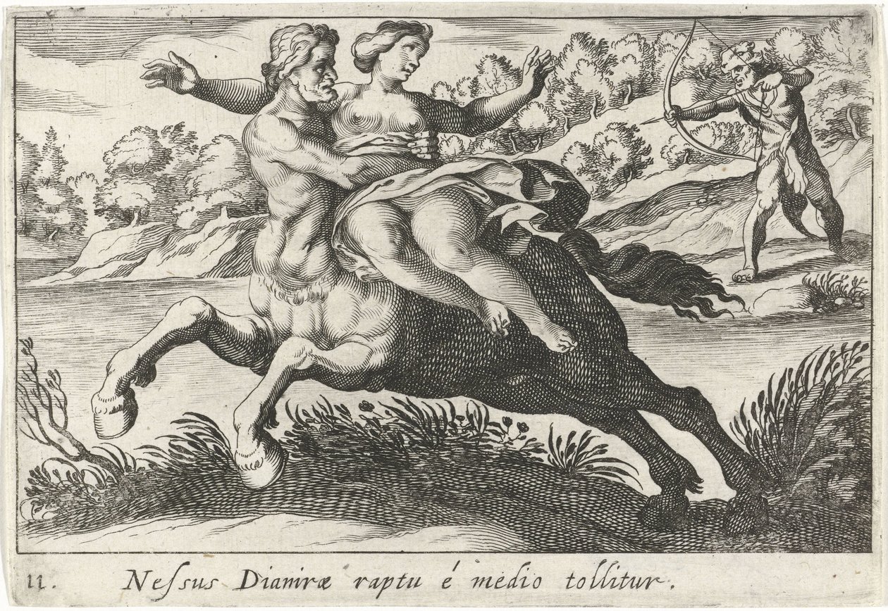 Nesus يحاول هز Deïanira te إزالة رباط ديانيرا من الوسط (العنوان على الشيء) موضوع Herculische (عنوان السلسلة) بواسطة سيمون فريسيوس