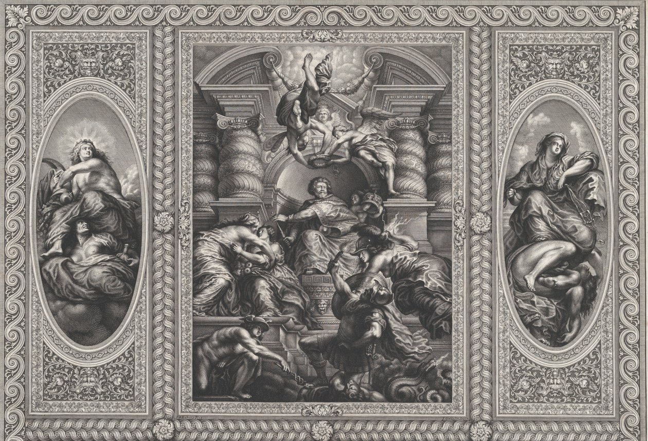 جيمس الأول عيّن تشارلز ملكًا لاسكتلندا في المركز ، مينيرفا يرفع الجهل في عام 1720. بواسطة سيمون جريبيلين