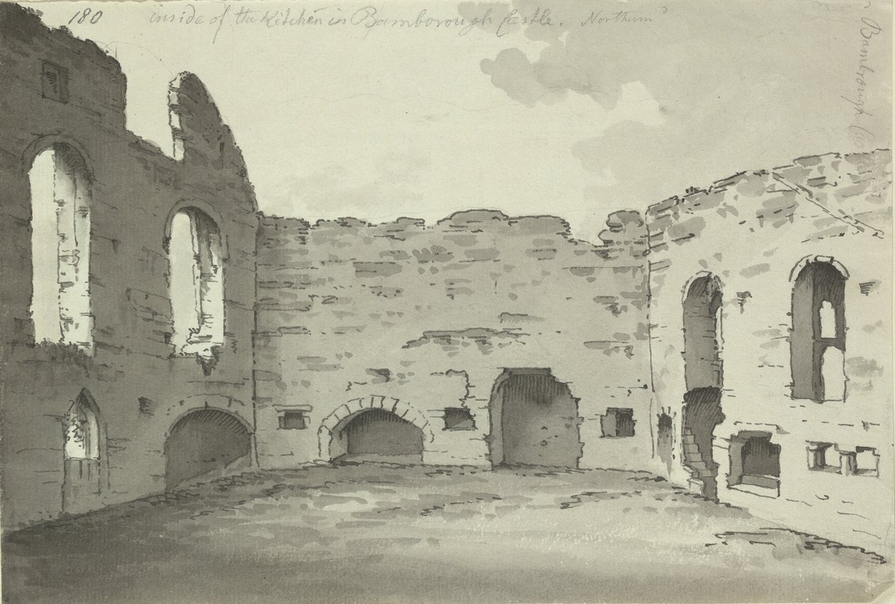 قلعة بامبورغ ، أطلال المطبخ ، إضافة. 15542، f.180، c.1780 (غسيل بالقلم والحبر على الورق) بواسطة سيمون هـ. جريم