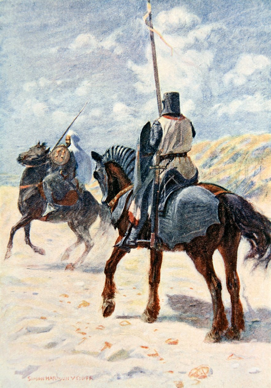 يقترب المسلمون من فارس صليبي ، رسم توضيحي لـ "The Talisman: A Tale of the Crusaders" بقلم السير والتر سكوت بواسطة سيمون هارمون فيدير