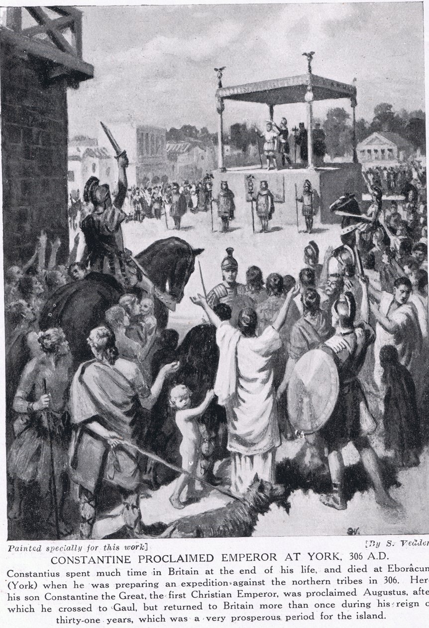 أعلن قسطنطين إمبراطورًا في يورك ، 306 م ، رسم توضيحي من "تاريخ الأمم لهتشنسون" ، ج .1910 بواسطة سيمون هارمون فيدير