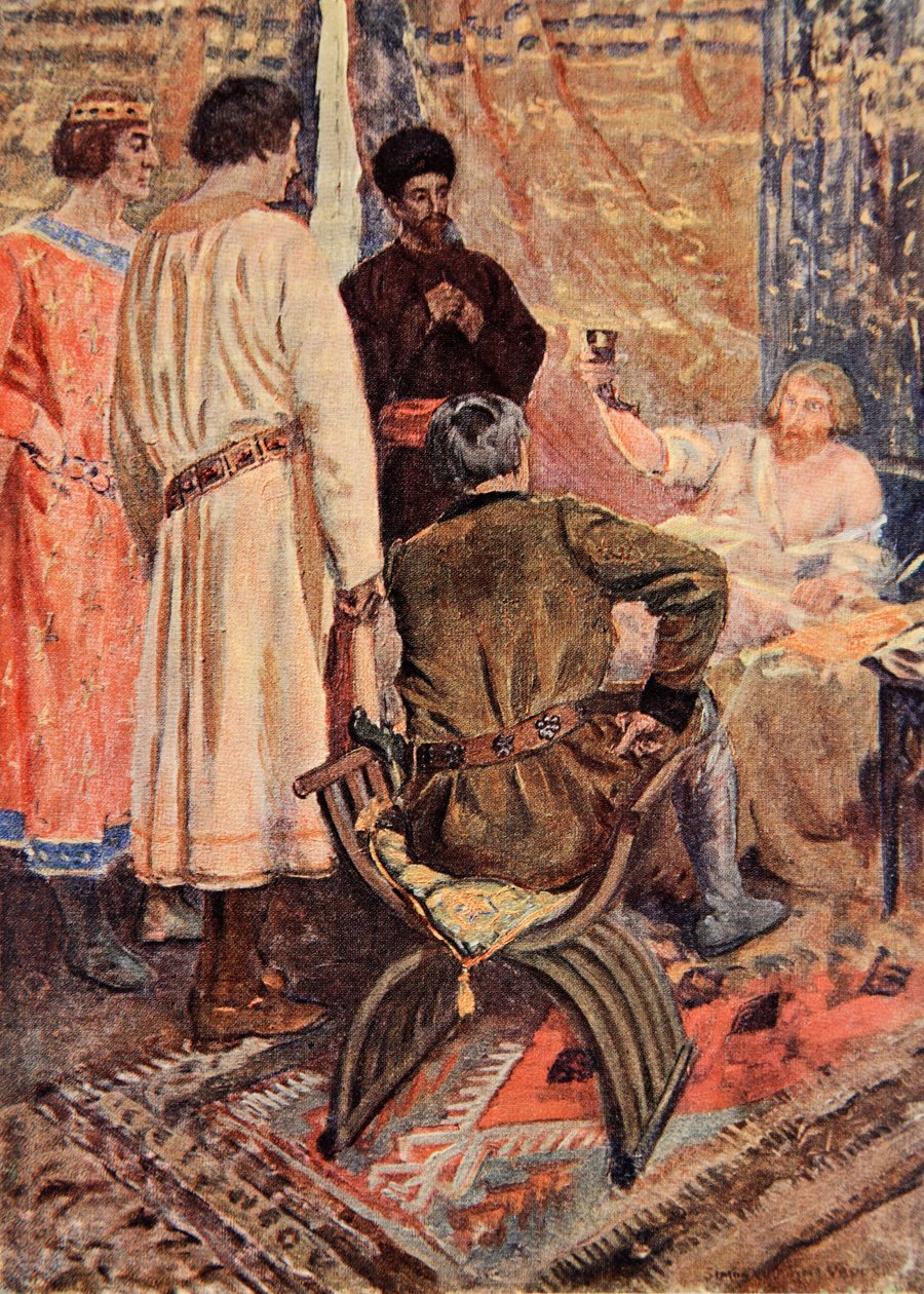 قام ريتشارد قلب الأسد بتربية نفسه في سريره وأخذ كوبًا في يده ، وهو مثال على فيلم "The Talisman: A Tale of the Crusaders" للسيد والتر سكوت بواسطة سيمون هارمون فيدير