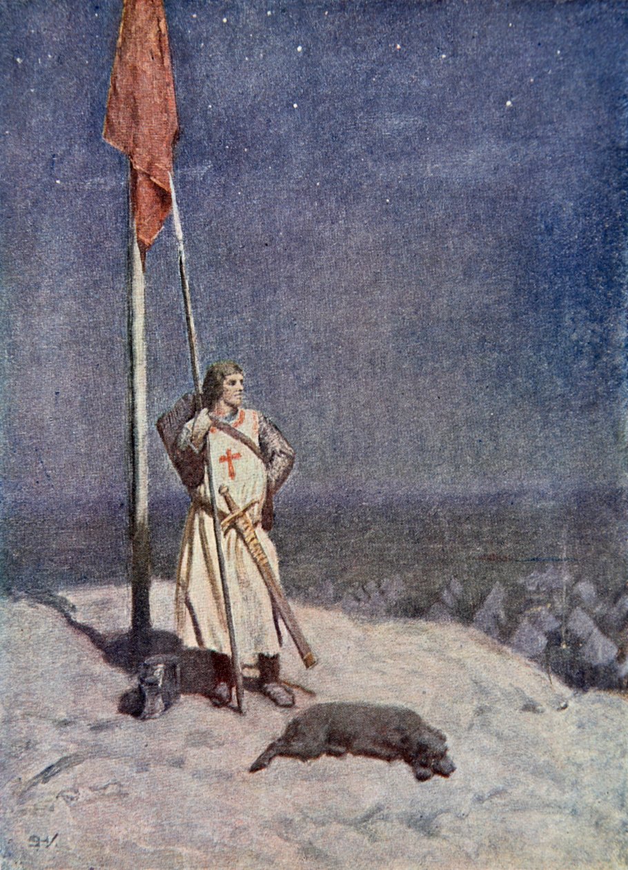 الفارس يقف متيقظًا على جبل سانت جورج مع راية إنجلترا ، التوضيح من "The Talisman: A Tale of the Crusaders" للسيد والتر سكوت بواسطة سيمون هارمون فيدير