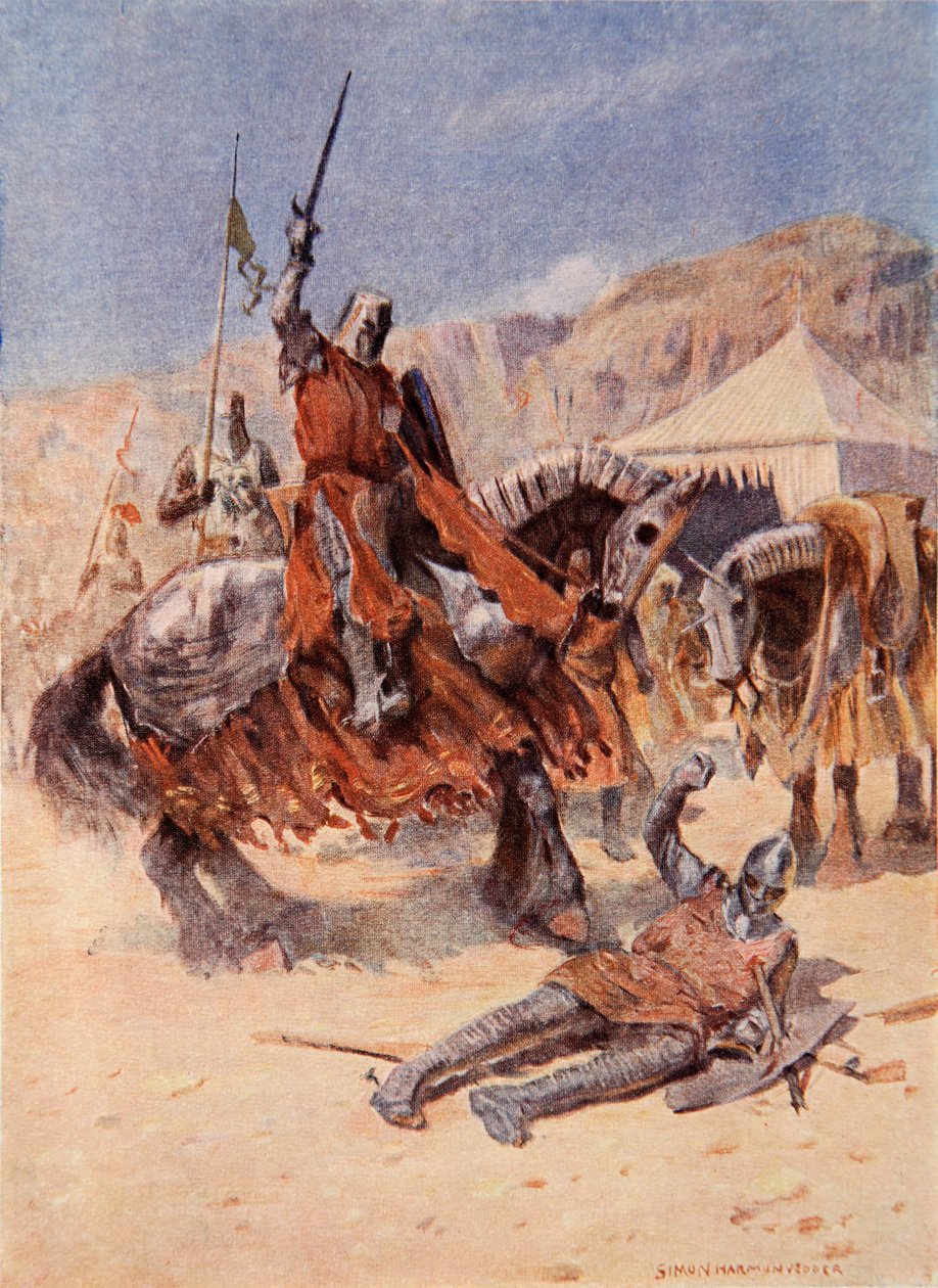 الفرسان يجتمعون في صراع ، التوضيح من "The Talisman: A Tale of the Crusaders" بقلم السير والتر سكوت بواسطة سيمون هارمون فيدير