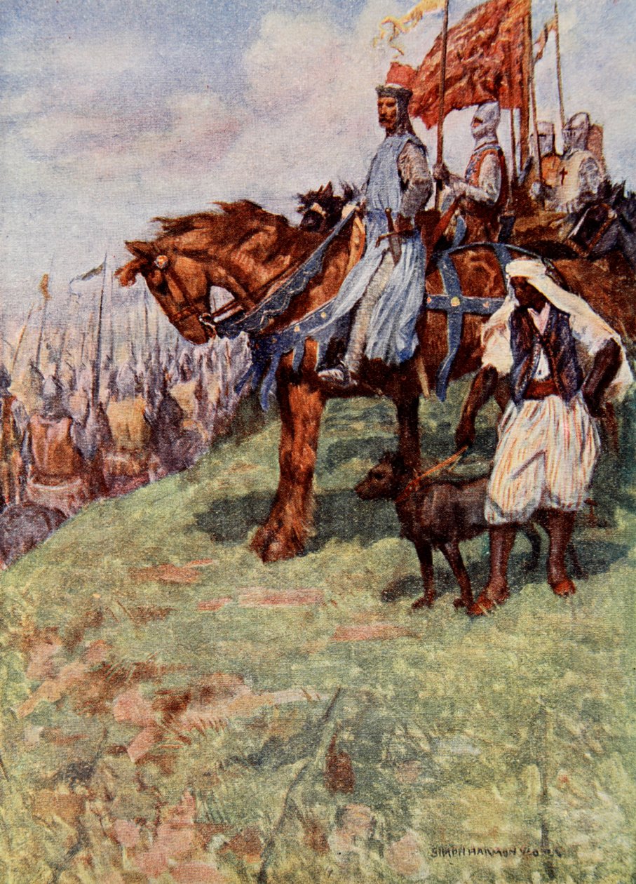 قلب الأسد جالسًا على ظهور الخيل ، إلى جانبه وقف العبد النوبي ، ممسكا بكلاب في المقود ، رسم توضيحي من "The Talisman: A Tale of the Crusaders" للسيد والتر سكوت بواسطة سيمون هارمون فيدير
