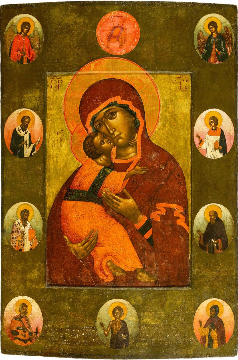 عذراء فلاديمير مع نخبة من القديسين par Ushakov ، Simon (Pimen) Fyodorovich (1626-1686). تمبرا على اللوح بواسطة سيمون أوشاكوف