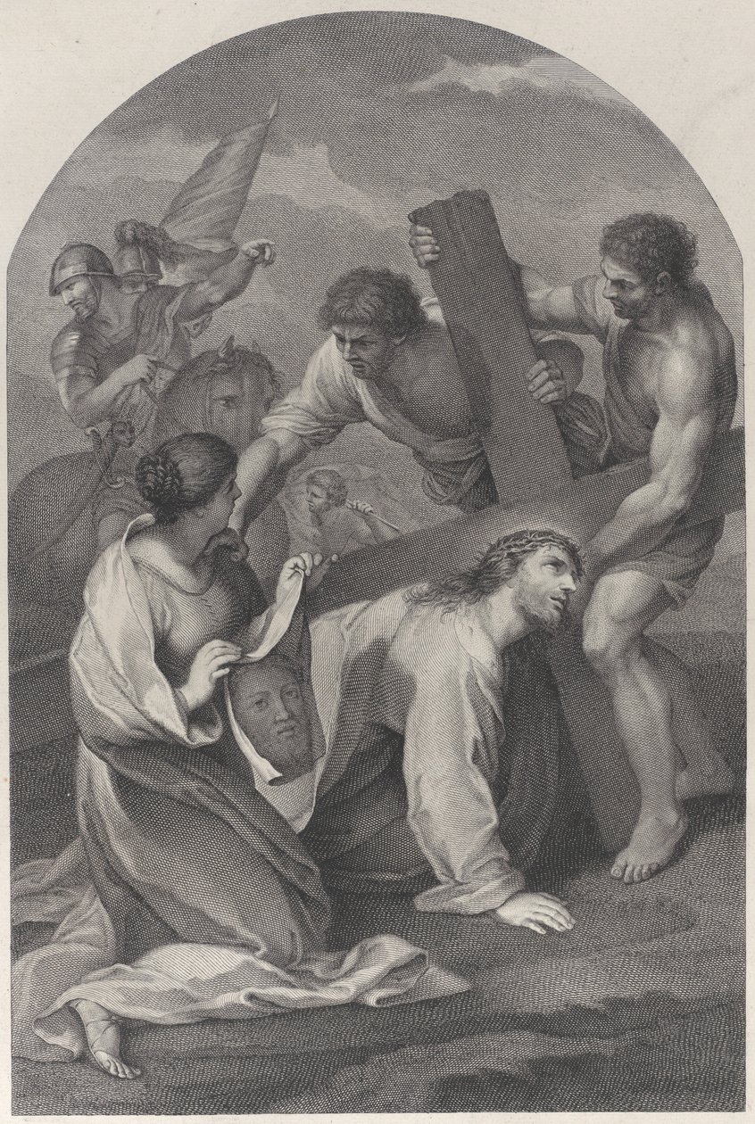 سقط المسيح على الأرض تحت ثقل الصليب ، بمساعدة رجلين و ... ، كاليفورنيا. 1729. بواسطة سيمون فالي