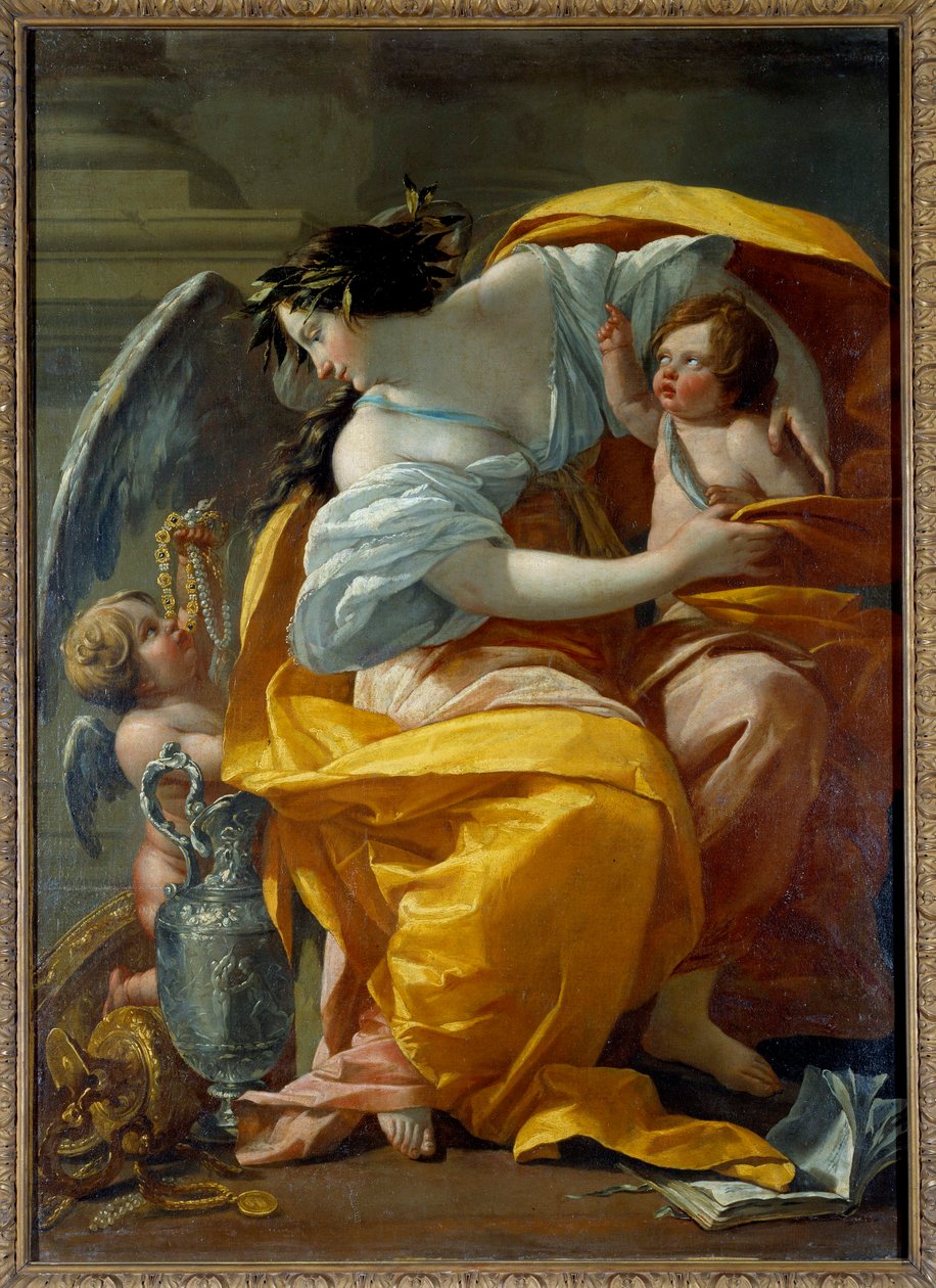 Allegoric Representation of Wealth A woman, symbol of Fortune and Abundance, surrounded by putti and jewels. Painting by Simon Vouet (1590-1649) 17th century Sun. 1,7x1,2 m بواسطة سيمون فويت