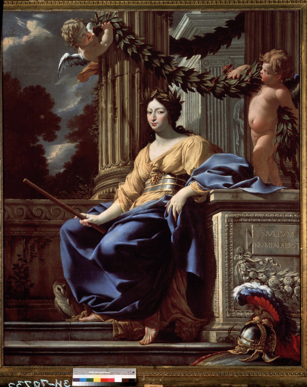 صورة رمزية لآن النمسا (1601-1666) (صورة رمزية لآن النمسا). تمثل ملكة فرنسا الإلهة مينيرفا (أثينا) محاطة بصفاتها (خوذة ، درع ، بومة وحزام بقناع ميدوسا). تسجيل بواسطة سيمون فويت