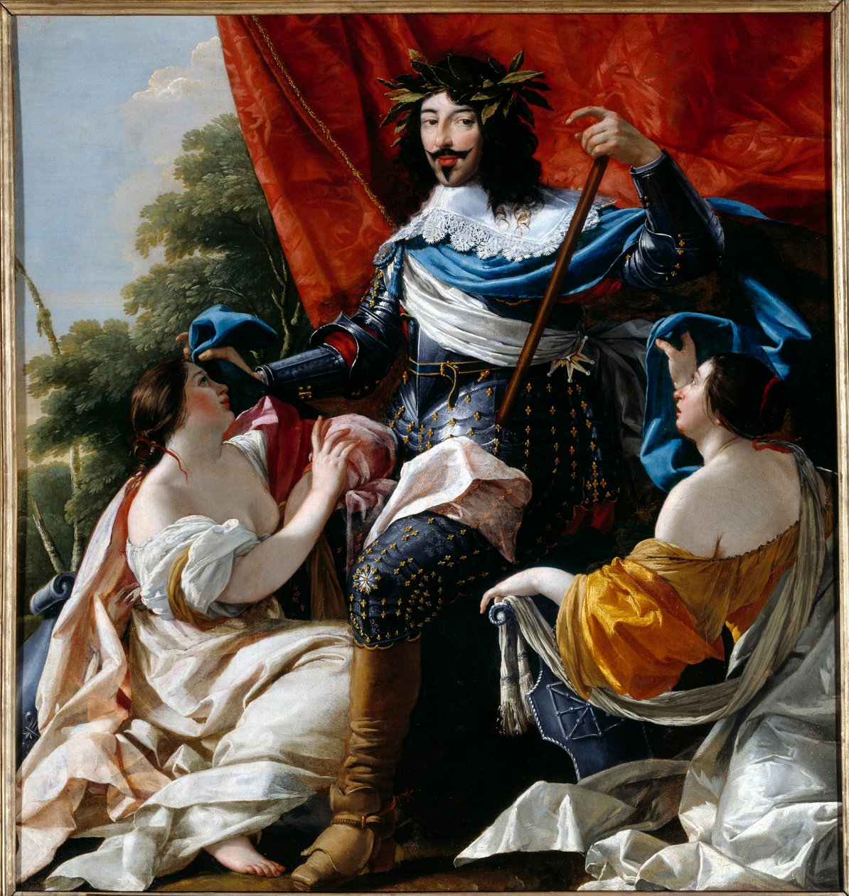 تمثيل ملك فرنسا لويس الثالث عشر (1601-1643) بين رموز فرنسا ورسم نافار لورشة سيمون فويه (1590-1649) القرن السابع عشر صن. 1،79x1،41 م بواسطة سيمون فويت