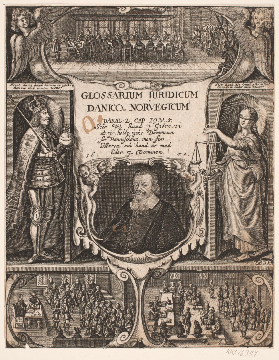 صفحة عنوان بها صورة حجاب ثاني أكسيد الكربون لـ "Glosarium Juridicum Danico - Norvegicum" ، 1652 بواسطة سيمون دي باس