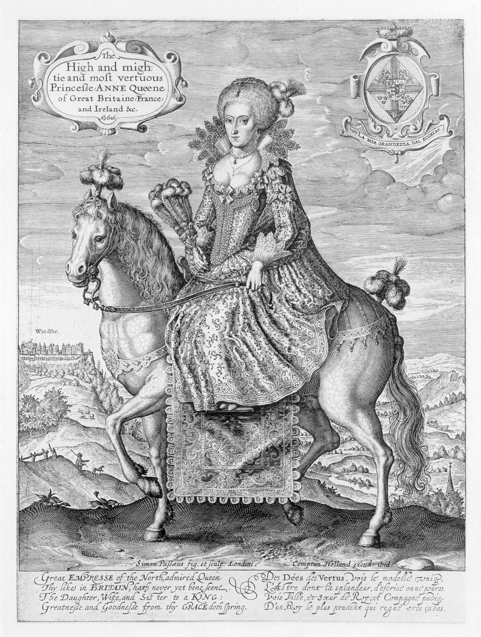 صورة الفروسية لآن من الدنمارك (1574-1619) منقوشة من قبل الفنان ، الحانة. بواسطة كومبتون هولاند ، 1616 بواسطة سيمون دي باس