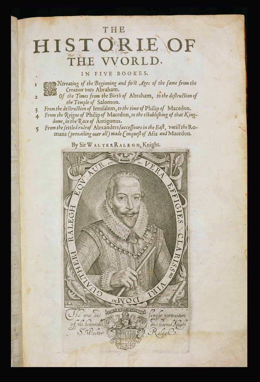 صورة للسير والتر رالي (1554-1618) صفحة عنوان من "تاريخ العالم" للسير والتر رالي بواسطة سيمون دي باس