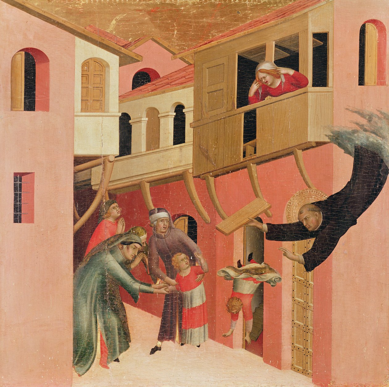 Polyptych of the Blessed Agostino Novello وأربع قصص من حياته ، تفاصيل اللوحة اليسرى من Agostino Novello التي تنقذ طفلًا عندما يسقط من الشرفة ، c.1328 (درجة الحرارة على اللوحة) بواسطة سيمون مارتيني
