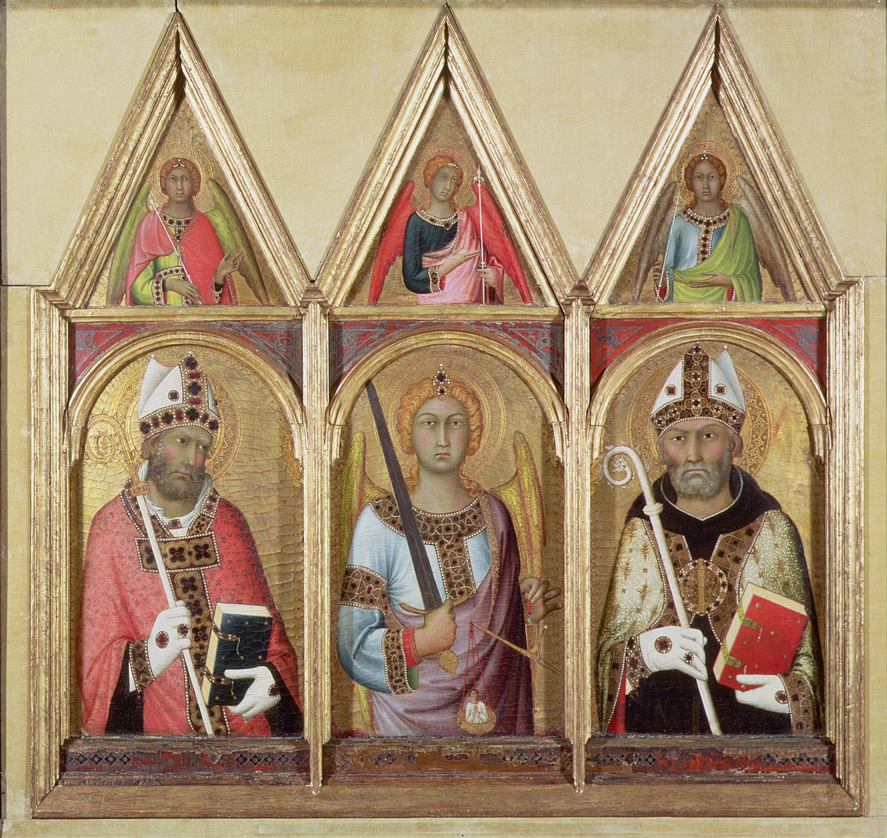 سانت جيمينيانوس ، سانت مايكل وسانت أوغسطين ، ج .1319 (تمبرا بالذهب على اللوحة) (التفاصيل 58834 و 58836) بواسطة سيمون مارتيني