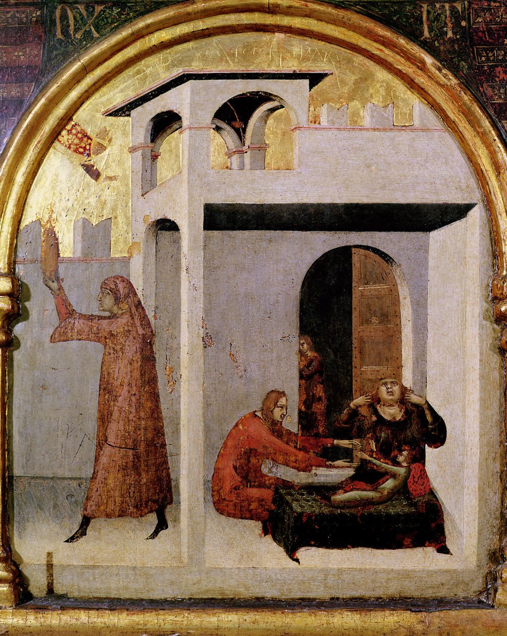 سانت لويس من تولوز (1274-97) يظهر عند سرير طفل مريض ، لوحة بريديلا من مذبح سانت لويس في تولوز ، 1317 (درجة الحرارة على اللوحة) بواسطة سيمون مارتيني
