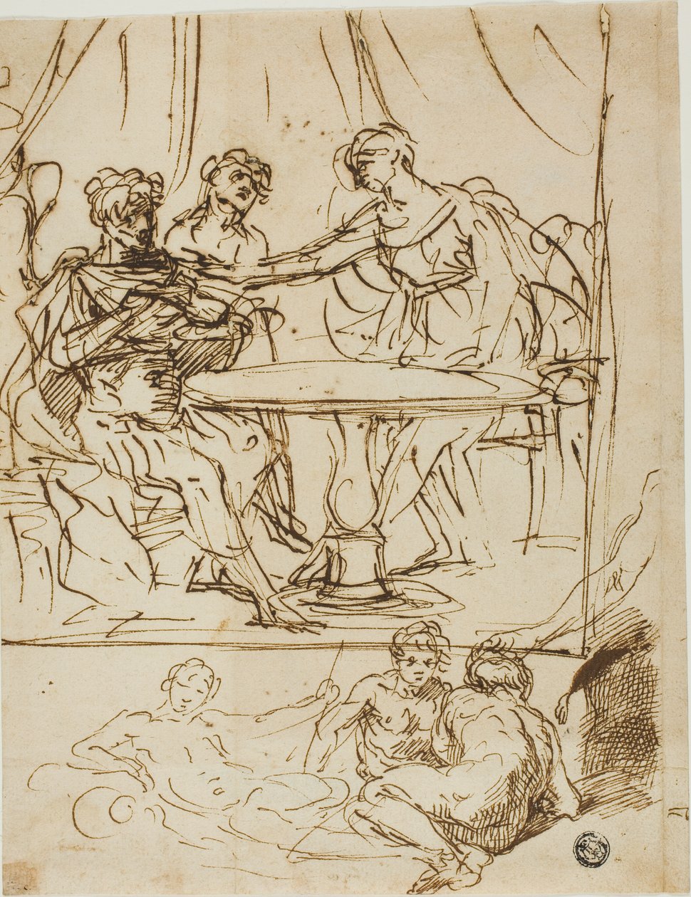 جوديث مع رأس Holofernes ورسومات تخطيطية لآلهة النهر (وجه الصفحة) ؛ رأس أنثى ، تنظر للأعلى (ظهر) بواسطة سيمون كانتاريني