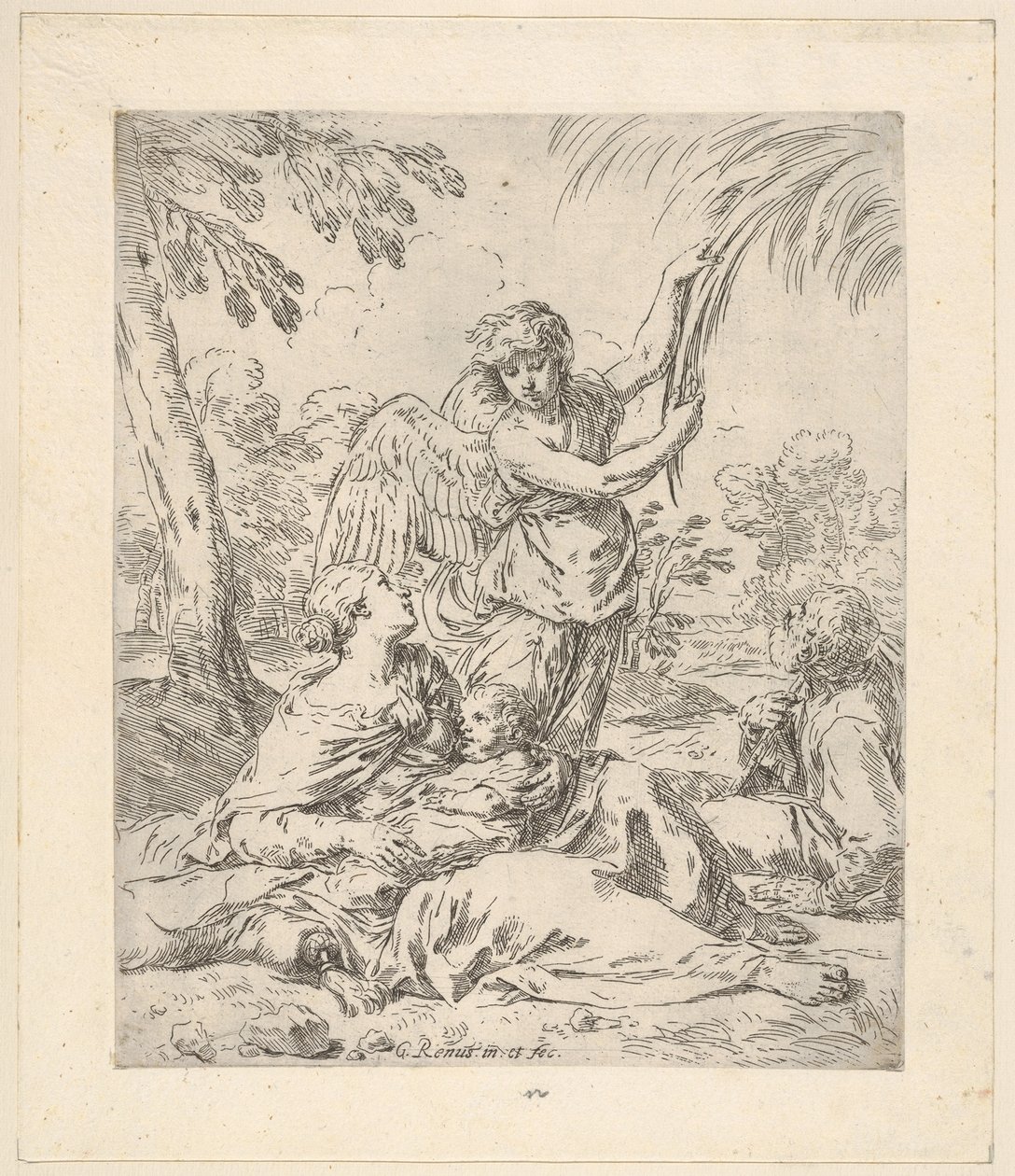 استرح في مصر ، مريم ترضع الطفل المسيح بينما يسحب ملاك في شجرة النخالة ... ، حوالي 1630-1648. بواسطة سيمون كانتاريني