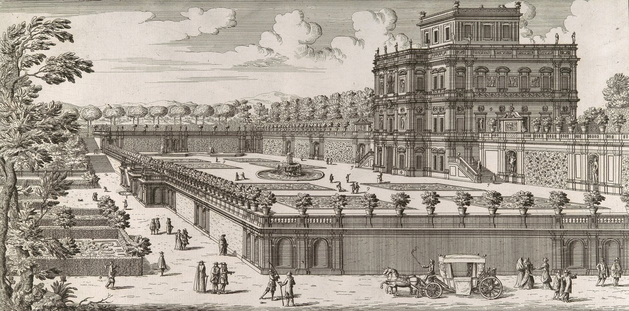 منظر للواجهة الجانبية لـ Palazzo Pamphili وحديقته Secondo prospetto pe ... ، بعد 1677. بواسطة سيمون فيليس