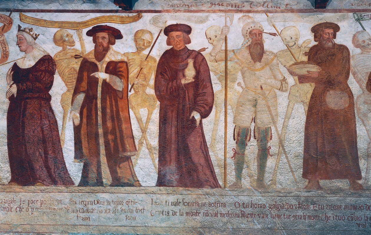 Death with the Queen, the Duke, the Doctor and the rich miser, detail from The Dance of Death بواسطة سيمون الثاني باشينيس