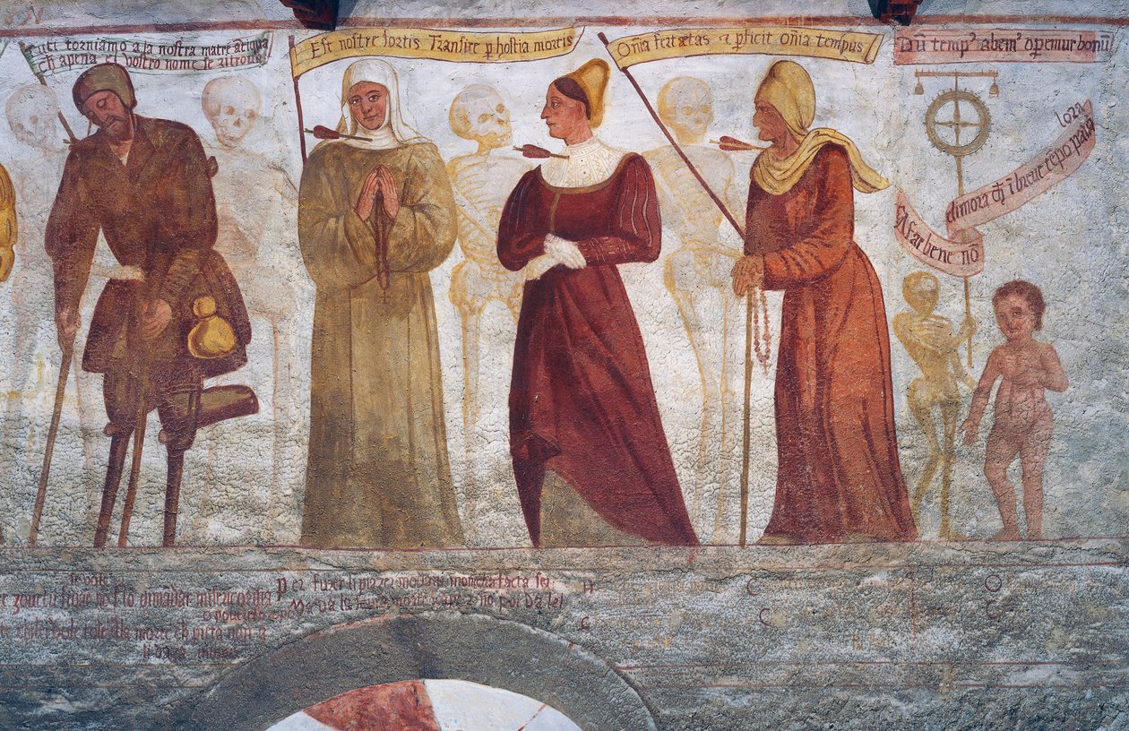 Death with the lame man, the nun, the young woman, the old woman and the child, detail from The Dance of Death بواسطة سيمون الثاني باشينيس