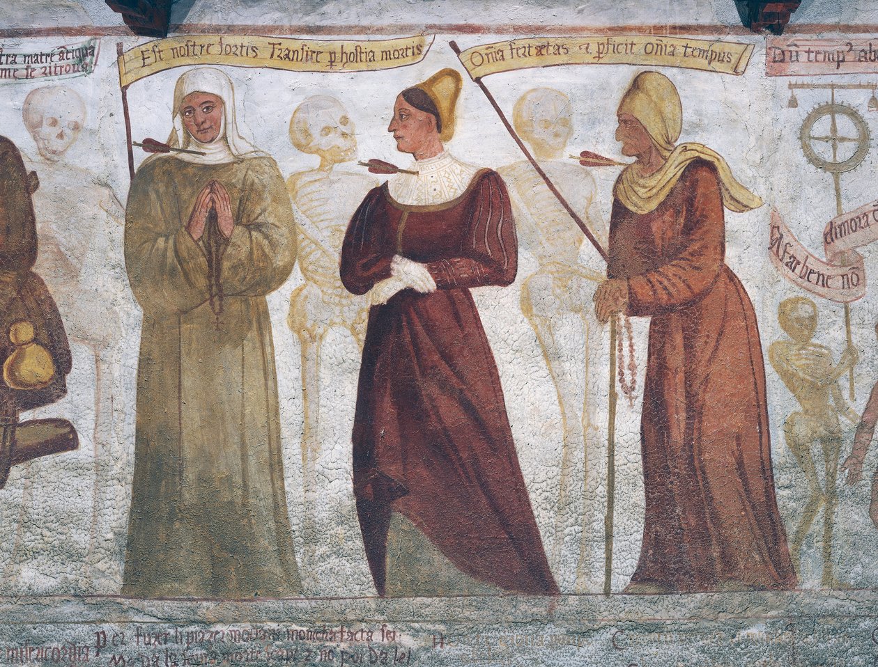 Death with the nun, the young woman and the old woman, detail from The Dance of Death بواسطة سيمون الثاني باشينيس