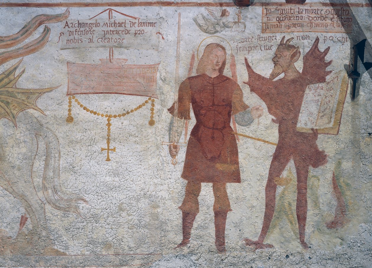 The Archangel Michael and the devil with the book of the seven deadly sins, detail from The Dance of Death بواسطة سيمون الثاني باشينيس