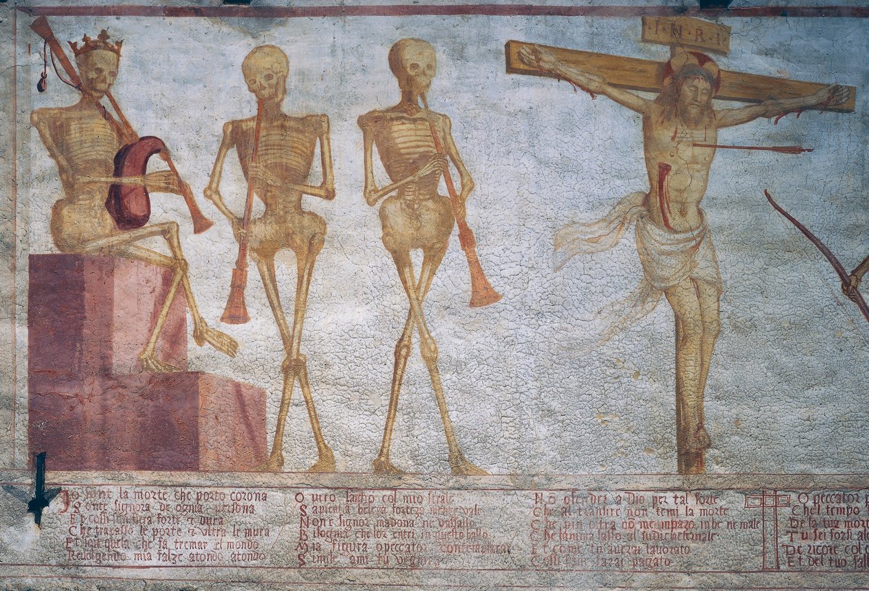 Three skeletons playing the Dance of death and Christ on the cross, detail from The Dance of Death بواسطة سيمون الثاني باشينيس