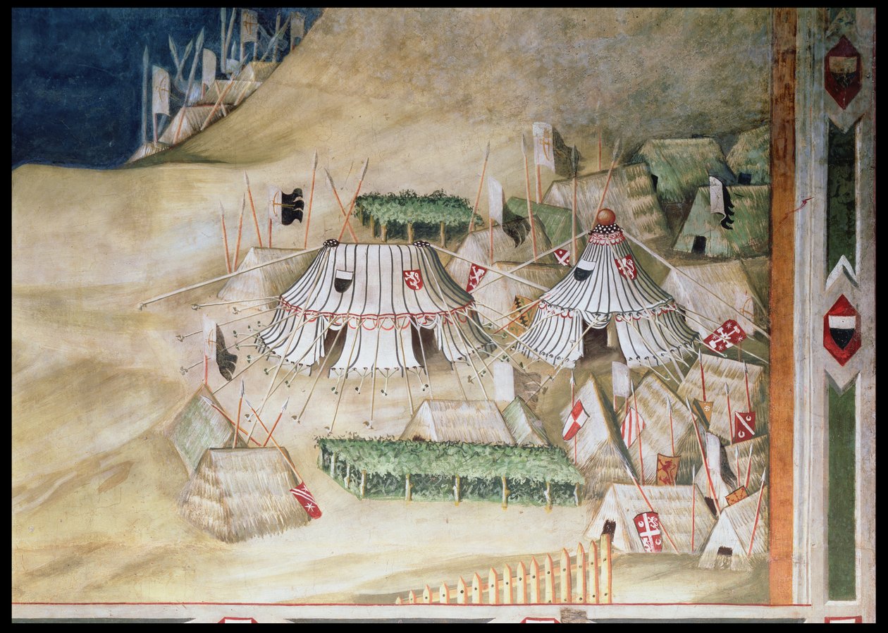 إحياء ذكرى Guidoriccio da Fogliano في حصار Montemassi ، تفاصيل المعسكر العسكري ، من Sala del Mappamondo ، 1328 بواسطة سيمون مارتيني