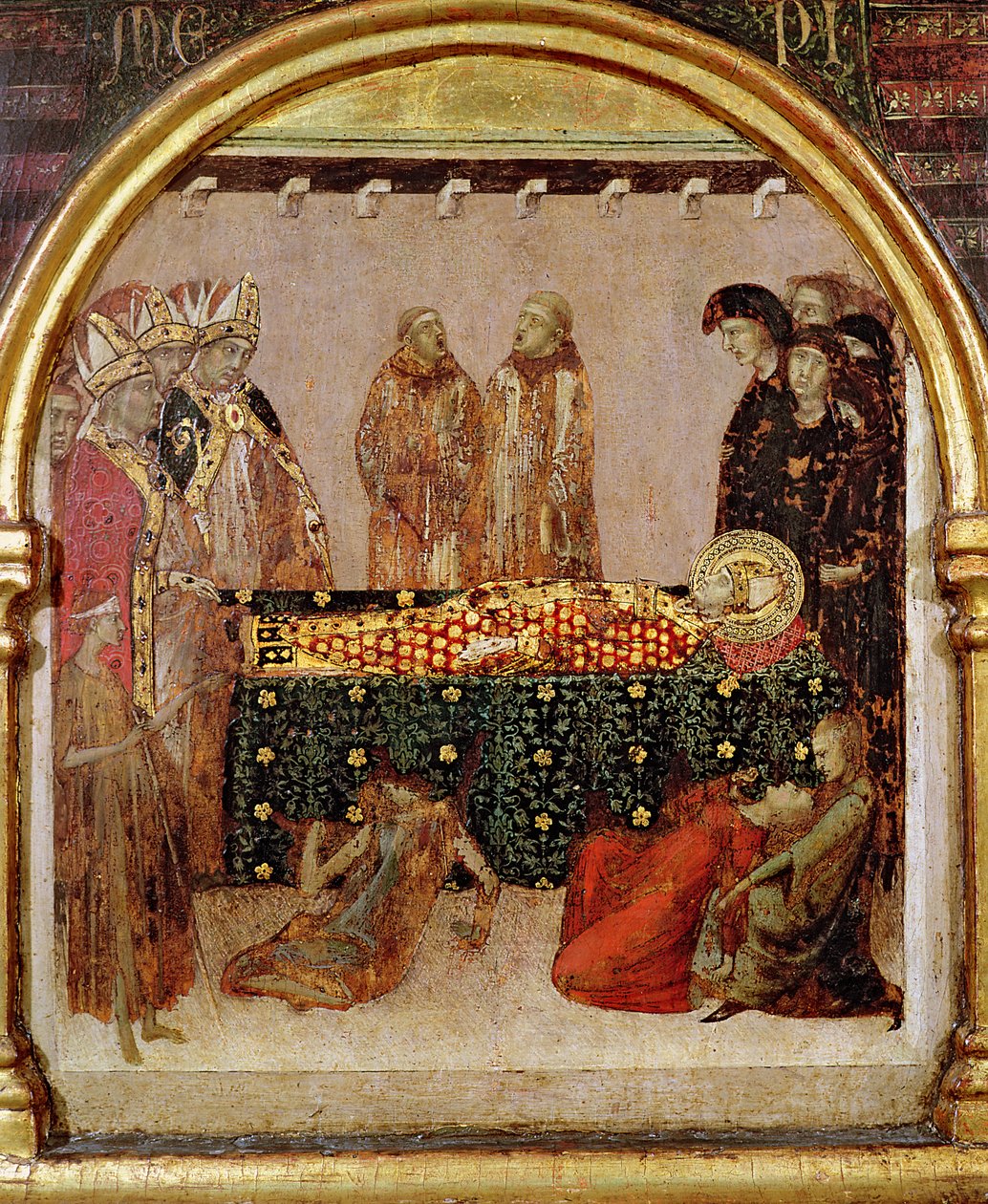 علاج المرضى في يوم وفاة لوحة سانت لويس من تولوز (1274-97) من لوحة بريدلا من مذبح سانت لويس في تولوز ، 1317 (درجة الحرارة على اللوحة) بواسطة سيمون مارتيني