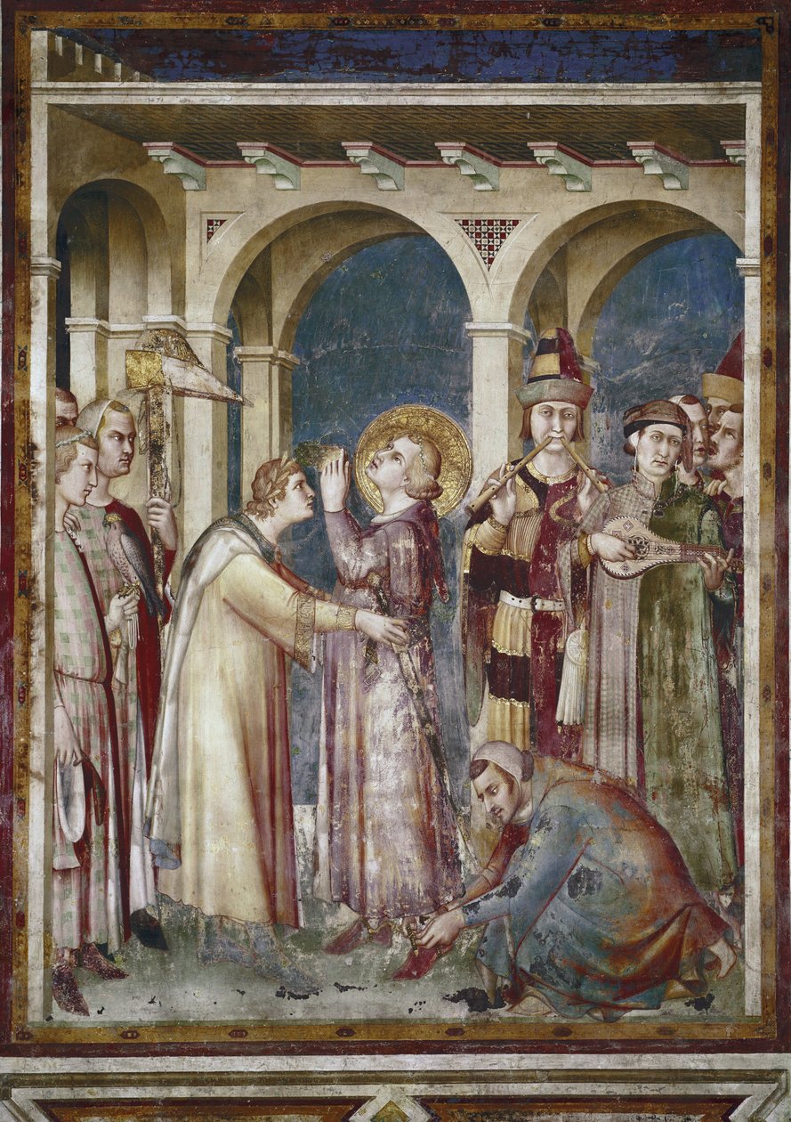 لوحة جدارية لحياة القديس مارتن. سانت مارتن فارس ، تفصيل. The Eveque Saint Martin de Tours والموسيقيين. لوحة سيمون مارتيني (1280-1344). فريسكو بواسطة سيمون مارتيني