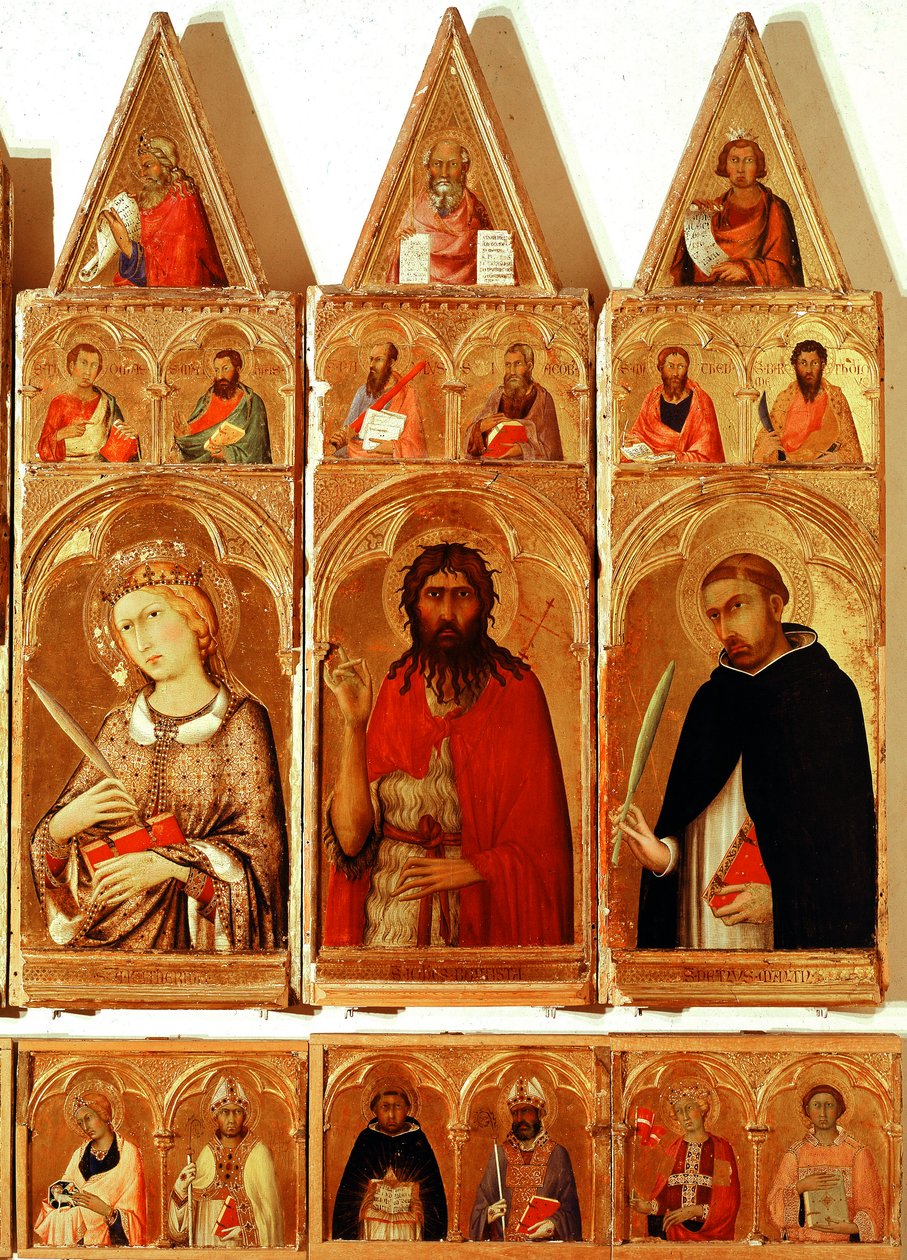 Saint Catherine of Alexandria, Saint John the Baptist, Saint Peter of Verona. Detail of the Saint Catherine of Alexandria Polyptych (tempera and gold on wood بواسطة سيمون مارتيني