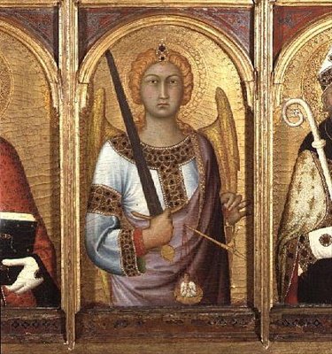 القديس ميخائيل ، تفاصيل من مذبح SS Geminianus ، Michael and Augustine ، حوالي عام 1319 (تمبرا مع الذهب والفضة على اللوحة) (تفاصيل 58835) بواسطة سيمون مارتيني