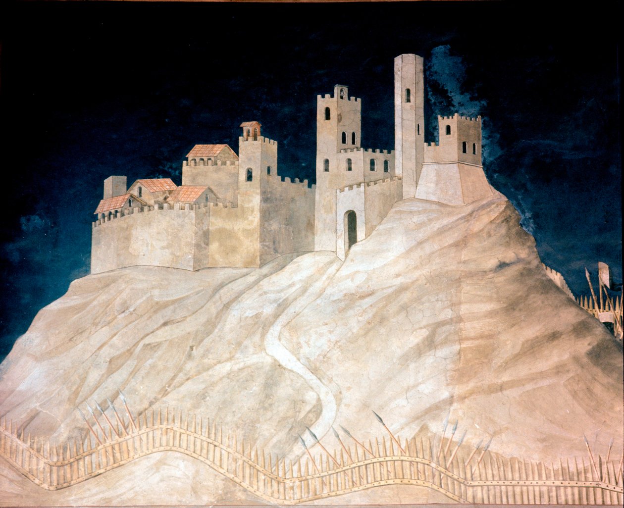 منظر لقلعة Montemassi في Maremma (Maremma) عام 1328. فريسكو بواسطة Simone Martini (1284 ca. - 1344) بواسطة سيمون مارتيني